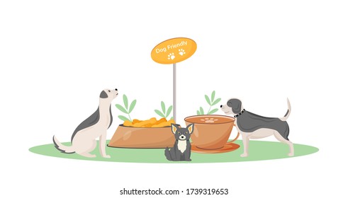 Dog friendly cafe flat color vector character. Cute puppy in coffeeshop. Treats for domestic animal. Pet entry allowed isolated cartoon illustration for web graphic design and animation