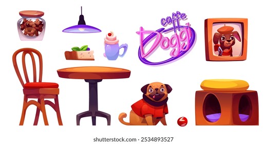 Hundefreundliches Café Innenausstattung Elemente. Cartoon Vektor Set von Cafeteria Indoor-Objekte - niedliche Haustier sitzen, Haustier Porträts, Hunde Spielzeug und Haus. Tisch mit Stuhl und Nachspeise, Neonschild.