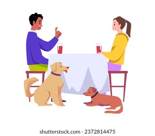 Dog friendly cafe with people enjoy a meal and spending time together with pets. Dog friendly area in the city, flat vector illustration isolated on white background.