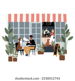 Ilustrações de vetor de café amigáveis ao cão. Cenas de cafeteria com barista preparar bebidas clipart. As pessoas conversam, relaxam e trabalham em uma decoração elegante. Donos de cães e seus caninos desfrutando de chá.