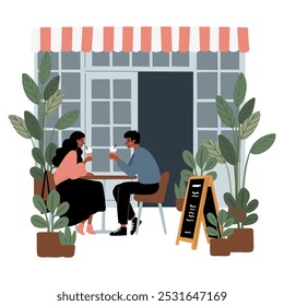 Ilustrações de vetor de café amigáveis ao cão. Cenas de cafeteria com barista preparar bebidas clipart. As pessoas conversam, relaxam e trabalham em uma decoração elegante. Donos de cães e seus caninos desfrutando de chá.