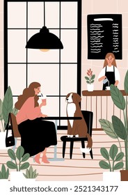 Cartazes de cafeteria amigável. Cenas de café acolhedor com as pessoas desfrutando de café, chá, trabalho, relaxante na ilustração vetor café. Barista serve bebidas. Amantes de cães em cartão de beanery