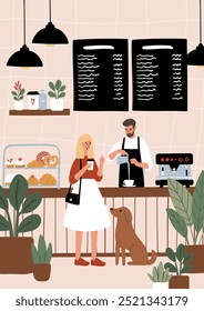 Dog Friendly Coffee Shop Posters. Cozy cafe scenes with people enjoying coffee, tea, working, relaxing in the coffeehouse vector illustration. Barista serve drinks. Dog lovers in beanery card