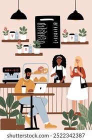 Cartazes de cafeteria amigável. Cenas de café acolhedor com as pessoas desfrutando de café, chá, trabalho, relaxante na ilustração vetor café. Barista serve bebidas. Amantes de cães em cartão de beanery