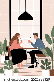 Cartazes de cafeteria amigável. Cenas de café acolhedor com as pessoas desfrutando de café, chá, trabalho, relaxante na ilustração vetor café. Barista serve bebidas. Amantes de cães em cartão de beanery