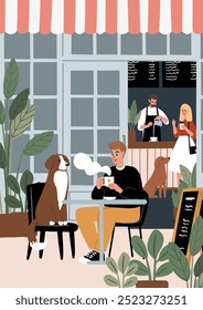 Dog Friendly Coffee Shop Posters. Cozy cafe scenes with people enjoying coffee, tea, working, relaxing in the coffeehouse vector illustration. Barista serve drinks. Dog lovers in beanery card