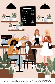 Dog Friendly Coffee Shop Posters. Cozy cafe scenes with people enjoying coffee, tea, working, relaxing in the coffeehouse vector illustration. Barista serve drinks. Dog lovers in beanery card