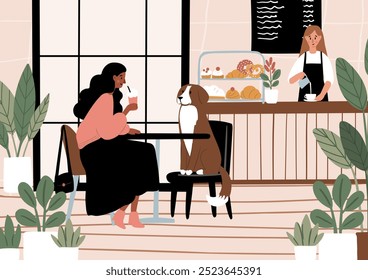 Dog Friendly Coffee Shop Posters. Cozy cafe scenes with people enjoying coffee, tea, working, relaxing in the coffeehouse vector illustration. Barista serve drinks. Dog lovers in beanery card