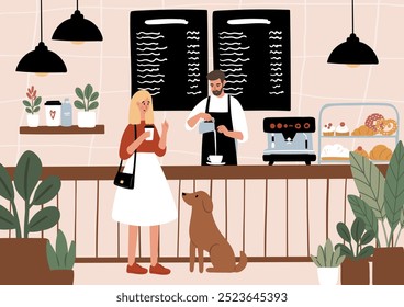 Dog Friendly Coffee Shop Posters. Cozy cafe scenes with people enjoying coffee, tea, working, relaxing in the coffeehouse vector illustration. Barista serve drinks. Dog lovers in beanery card