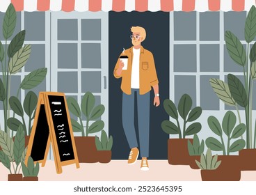 Dog Friendly Coffee Shop Posters. Cozy cafe scenes with people enjoying coffee, tea, working, relaxing in the coffeehouse vector illustration. Barista serve drinks. Dog lovers in beanery card