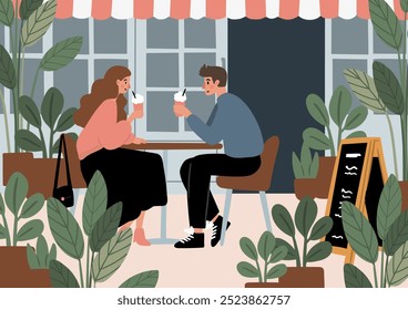 Cartazes de cafeteria amigável. Cenas de café acolhedor com as pessoas desfrutando de café, chá, trabalho, relaxante na ilustração vetor café. Barista serve bebidas. Amantes de cães em cartão de beanery