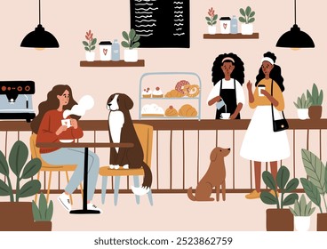 Cartazes de cafeteria amigável. Cenas de café acolhedor com as pessoas desfrutando de café, chá, trabalho, relaxante na ilustração vetor café. Barista serve bebidas. Amantes de cães em cartão de beanery