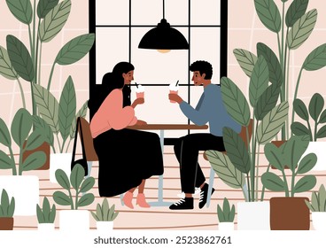 Dog Friendly Coffee Shop Posters. Cozy cafe scenes with people enjoying coffee, tea, working, relaxing in the coffeehouse vector illustration. Barista serve drinks. Dog lovers in beanery card