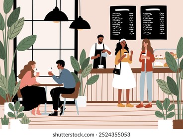 Dog Friendly Coffee Shop Posters. Cozy cafe scenes with people enjoying coffee, tea, working, relaxing in the coffeehouse vector illustration. Barista serve drinks. Dog lovers in beanery card