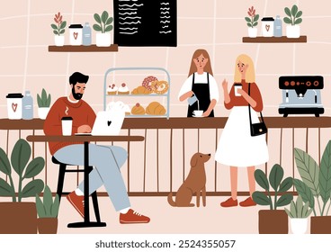 Cartazes de cafeteria amigável. Cenas de café acolhedor com as pessoas desfrutando de café, chá, trabalho, relaxante na ilustração vetor café. Barista serve bebidas. Amantes de cães em cartão de beanery