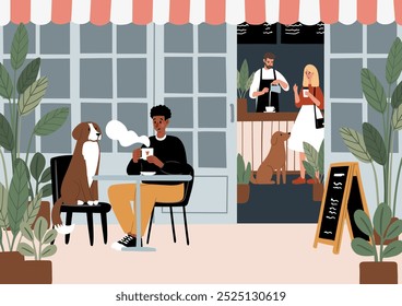 Dog Friendly Coffee Shop Posters. Cozy cafe scenes with people enjoying coffee, tea, working, relaxing in the coffeehouse vector illustration. Barista serve drinks. Dog lovers in beanery card