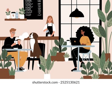 Carteles de la cafetería amigable para perros. Acogedoras escenas de cafetería con gente disfrutando de café, té, trabajo, relajarse en la Ilustración vectorial de la cafetería. Los baristas sirven bebidas. Amantes del perro en la tarjeta del beanery