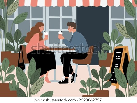Dog Friendly Coffee Shop Posters. Cozy cafe scenes with people enjoying coffee, tea, working, relaxing in the coffeehouse vector illustration. Barista serve drinks. Dog lovers in beanery card