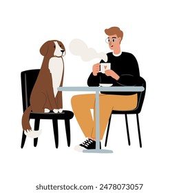 Dog Friendly Coffee Shop Set Clipart. People enjoying coffee, working, relaxing in the cafe with their furry friends flat vector illustration. Baristas preparing drinks in beanery.