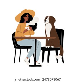 Dog Friendly Coffee Shop Set Clipart. People enjoying coffee, working, relaxing in the cafe with their furry friends flat vector illustration. Baristas preparing drinks in beanery.