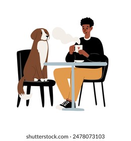 Dog Friendly Coffee Shop Set Clipart. People enjoying coffee, working, relaxing in the cafe with their furry friends flat vector illustration. Baristas preparing drinks in beanery.