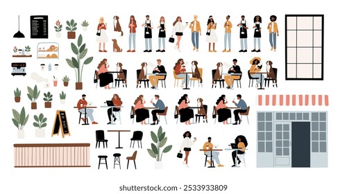 Dog Friendly Coffee Shop Set Clipart. People enjoying coffee, working, relaxing in the cafe with their furry friends flat vector illustration. Baristas preparing drinks in beanery.