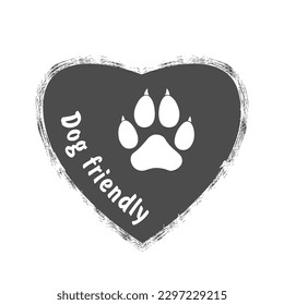 Dog friendly grunge heart stamp, gray isolated on white background, vector illustration.  Dog paw print vector illustration for your web site design, app, UI.  EPS10.