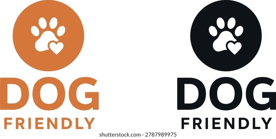 Dog friendly logo set featuring a paw print and heart emblem in orange and black, ideal for pet businesses and signage