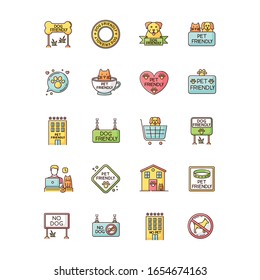 Dog friendly and no pet signs RGB color icons set. Cats and dogs allowed and banned areas, free and closed entry. Domestic animals welcome and not allowed zones. Isolated vector illustrations