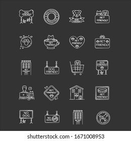 Dog friendly and no pet signs chalk white icons set on black background. Cats and dogs allowed and banned areas. Animals welcome and not allowed zones. Isolated vector chalkboard illustrations