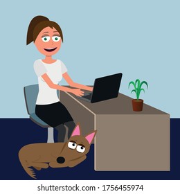 dog friendly office concept, funny cartoon vector characters of woman sitting on chair and dog lying at her feet, business illustration