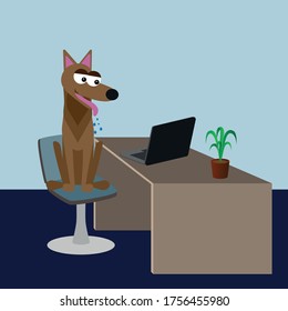 dog friendly office concept, funny vector characters of dog sitting on chair at the desk