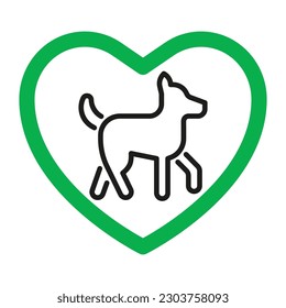 Perro amigable, mascota permitida, firma animal de amor. Perro favorito. Canina en corazón verde aprobado. Ilustración del vector