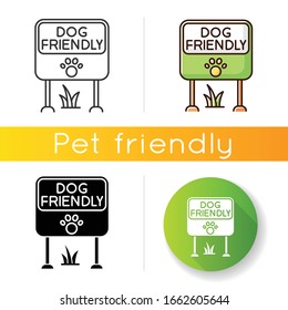 Dog friendly place icon. Doggy allowed park and square mark. Domestic puppies permitted territory, lawn and garden sign. Linear black and RGB color styles. Isolated vector illustrations