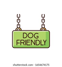 Dog friendly territory green RGB color icon. Doggy permitted zone nameplate, puppies welcome terrain. Domestic animals allowed area chain hanging plate. Isolated vector illustration
