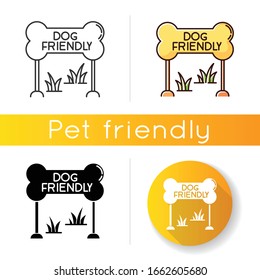 Dog friendly zone icon. Puppy allowed park and square mark. Domestic animals permitted territories, lawn and garden. Linear black and RGB color styles. Isolated vector illustrations