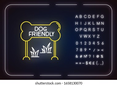 Dog friendly zone neon light icon. Puppy allowed park and square. Pets permitted lawn and garden. Outer glowing effect. Sign with alphabet, numbers and symbols. Vector isolated RGB color illustration