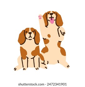 Amigos perros. Lindos cachorros con alegres expresiones lúdicas y neutrales, emociones. Dos Beagle en diferente pose. Animales divertidos, animales caninos. Ilustración vectorial plana aislada sobre fondo blanco