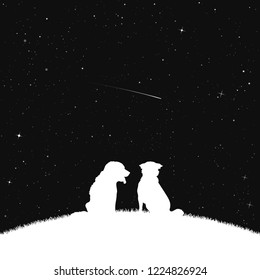 Dog friends in park at night. Vector illustration with silhouettes of two animals sitting on hill under starry sky. Inverted black and white