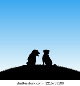 Dog friends in park. Vector illustration with silhouettes of two animals sitting on hill. Blue pastel background