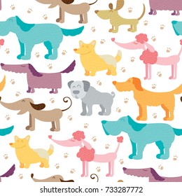 Dog friends vector seamless pattern. Pets and traces colorful background in childish style. Cute animals texture for print design