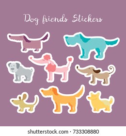 Dog friends vector stickers. Pets colorful isolated illustration in childish style. Cute animals elements for labels and tags design