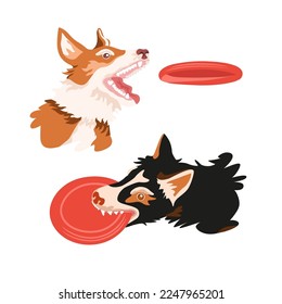 Dog frisbee playing. Red and brown dogs are catching the disk.Funny cute characters.Hand drawn modern vector illustration.Picture of animal heads silhouettes with red disks.