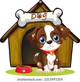 Dog in front of dog house illustration