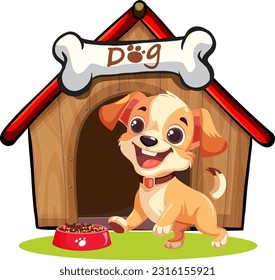 Dog in front of dog house illustration