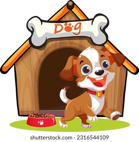 Dog in front of dog house illustration
