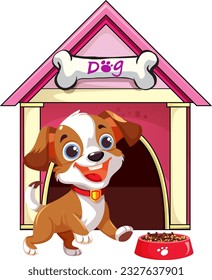 Dog in front of dog house illustration