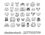 Dog funny animal face line vector illustrations set.