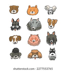 Dog funny animal face vector illustrations set.