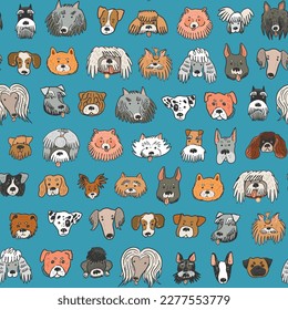 Dog funny animal face vector seamless pattern.